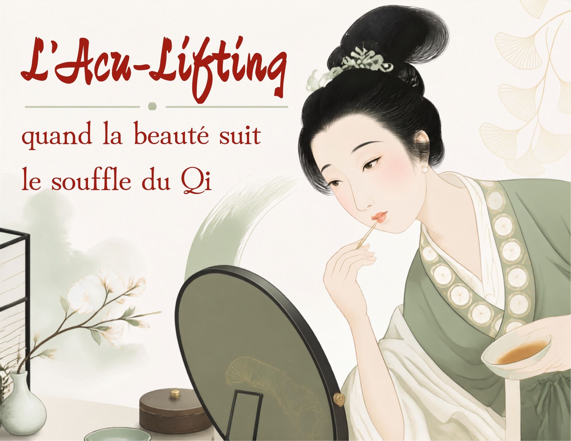 Femme chinoise de la dynastie Qing devant son miroir, illustrant les rituels de beauté traditionnels et l'Acu-Lifting.